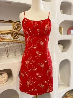 Y2K Red Floral Short Skort Dress with Ruched Bust and Adjustable Straps